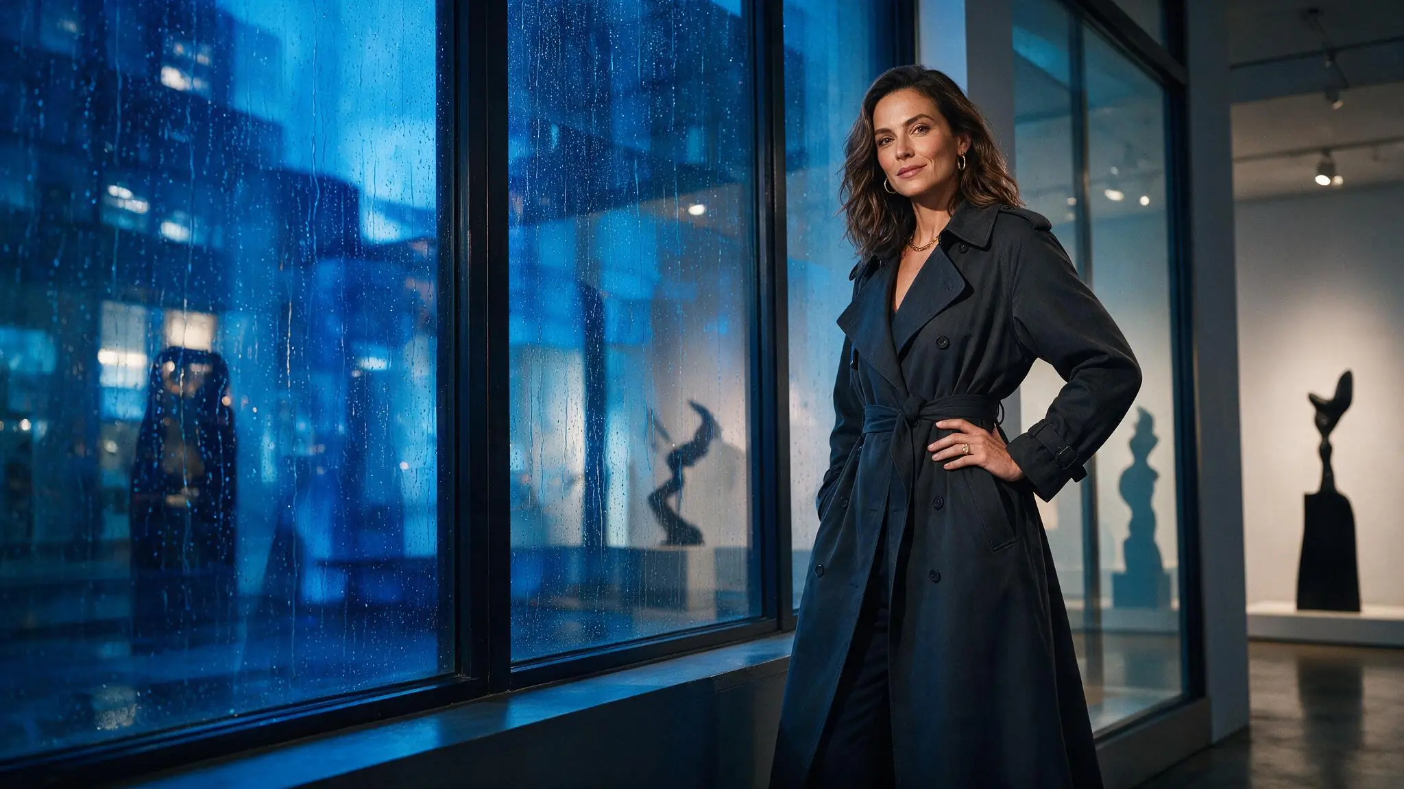 Fictional adult creator in a rain-lit gallery used as an illustrative visual direction