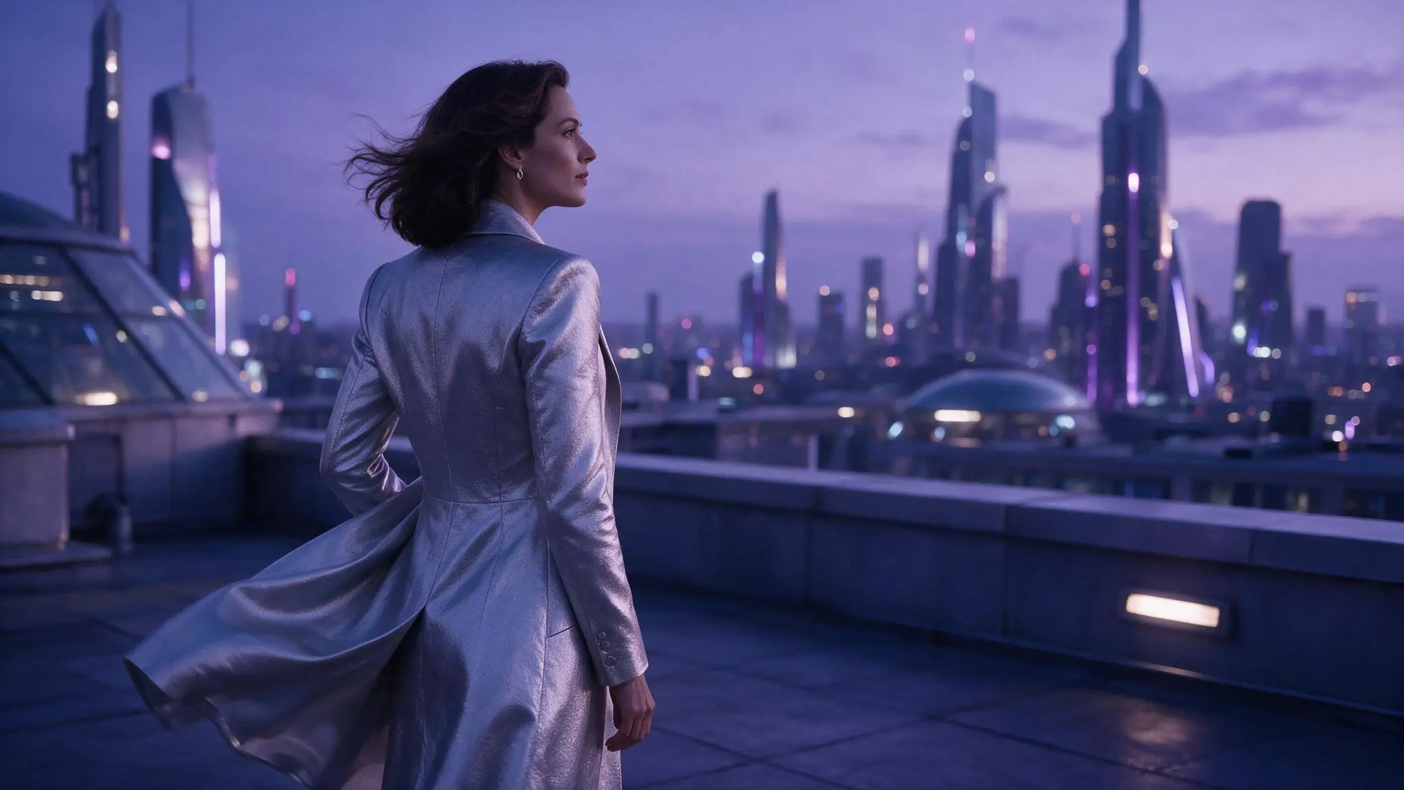 Fictional adult creator on a silver-blue rooftop used as an illustrative visual direction