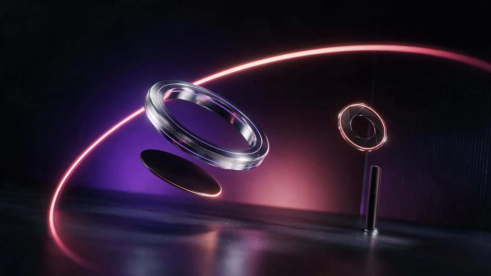 Glowing focus ring and aperture representing creative video settings